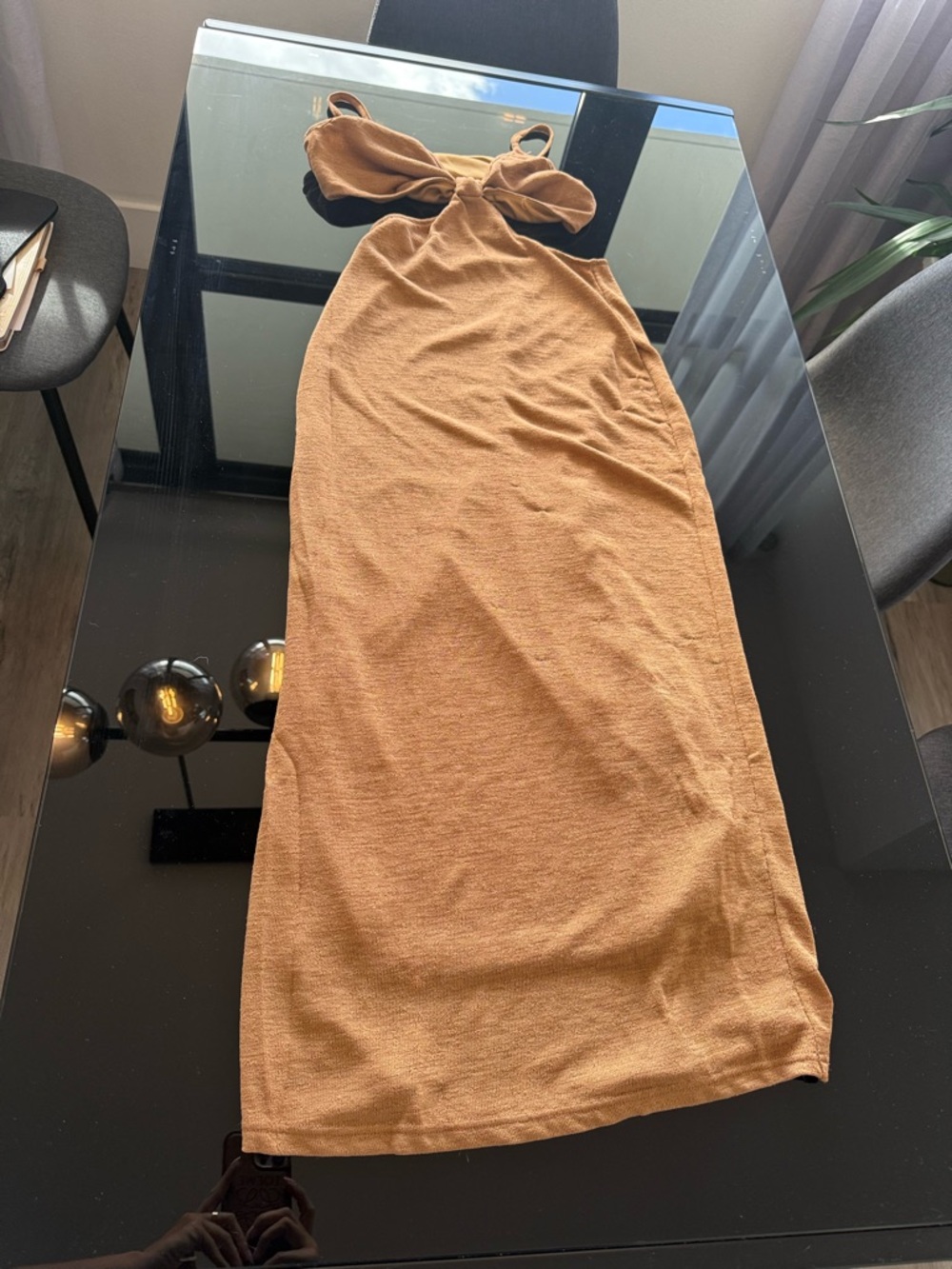 Camel Strapless Bow Midi Dress | Minimalist Bodycon Summer Dress